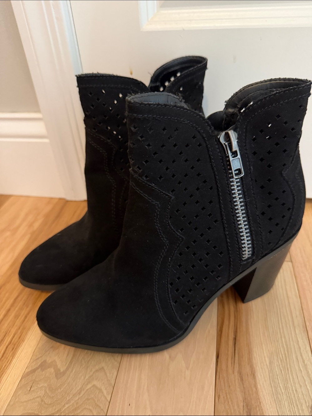 BAMBOO Black Perforated Suede Ankle Booties with Side Zip